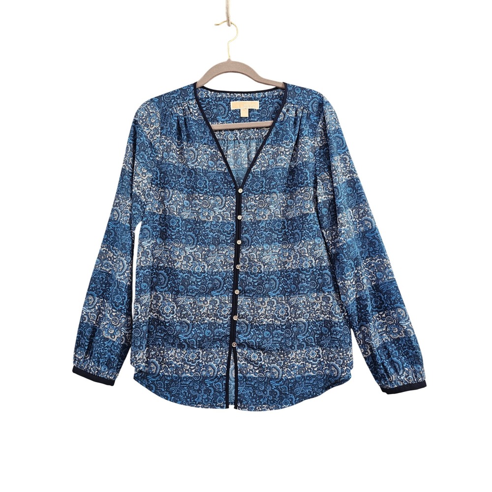 Michael Kors Paisley Blouse Women Size Medium Blue Button Up V-Neck Long Sleeve